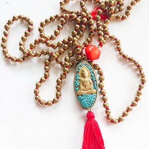 BUDDHA BEADS long necklace // 200 Gold Hematite Beads // Tibetan Buddha pendant / coral and turquoise stone image 7