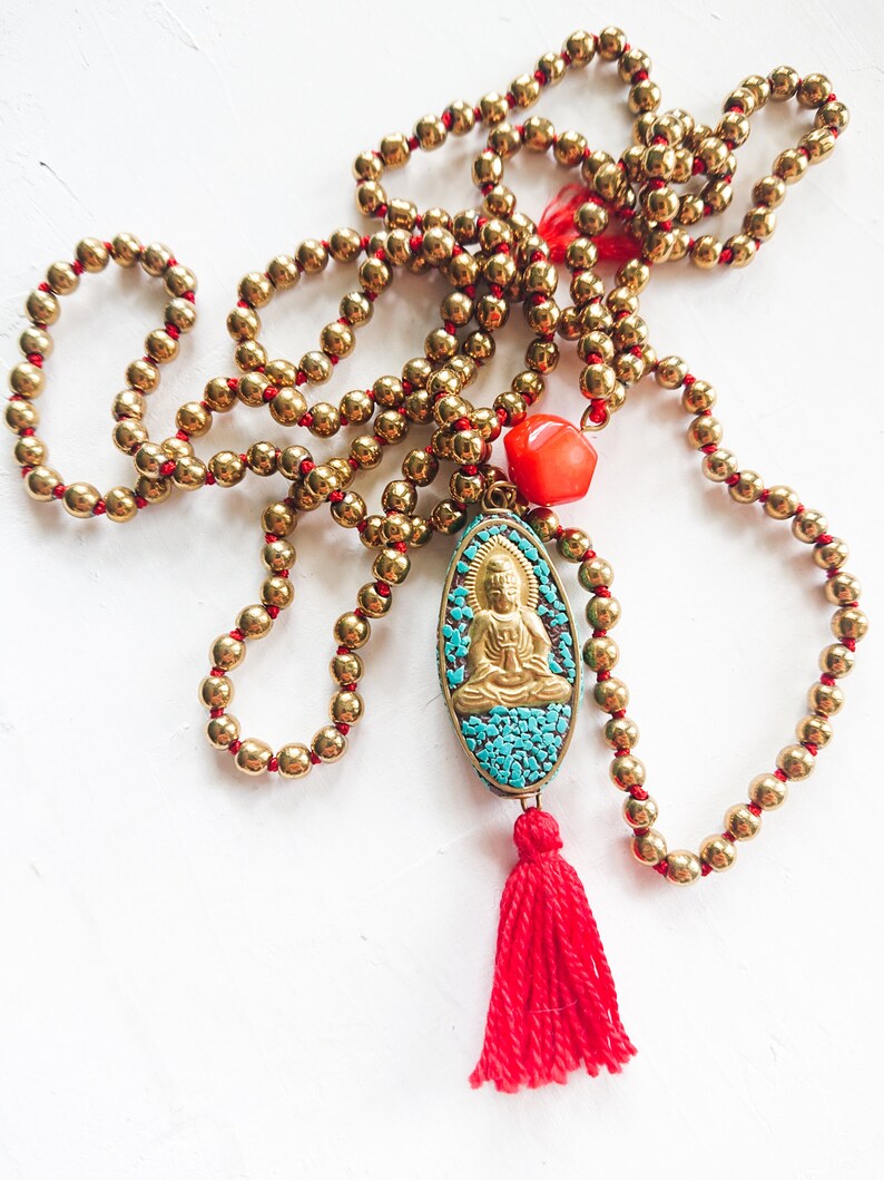 BUDDHA BEADS long necklace // 200 Gold Hematite Beads // Tibetan Buddha pendant / coral and turquoise stone image 7
