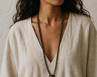 Black Seashell Mala • 108 Cat’s Eye Beads • Scallop Pendant • Boho Necklace • Greek Mythology Jewelry