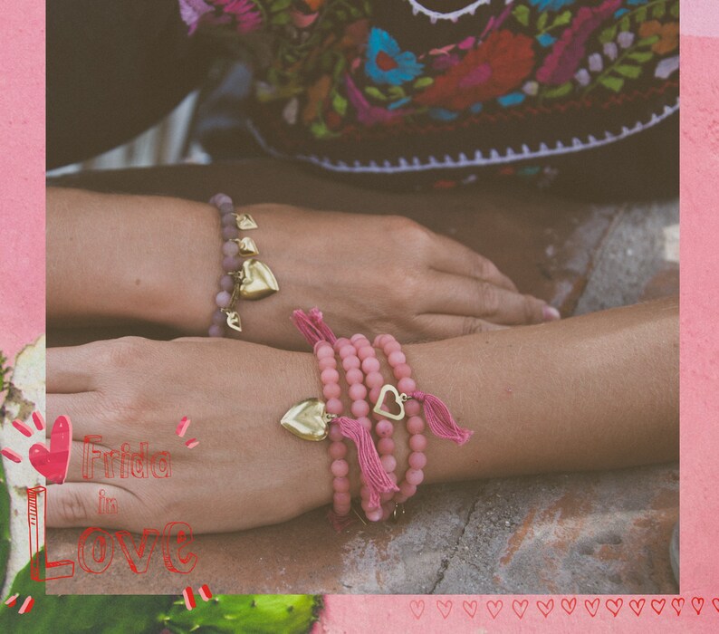 ALEGRIA pink Matte Jade stretch Mala Beads Jade and Brass necklace Mexican Cotton in Strawberry Ice Heart charms Hearts pendants