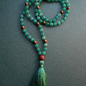 GREEN TARA MALA long jade necklace Bodhi seed Silk tassel Jade in sea green Yoga Necklace Yoga Mala image 3