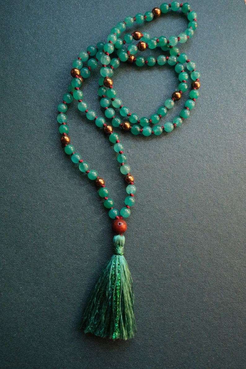 GREEN TARA MALA long jade necklace Bodhi seed Silk tassel Jade in sea green Yoga Necklace Yoga Mala image 3