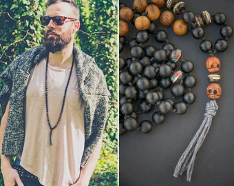 Bones & Skulls Mala • 108 Beads • Nepalese Bone • Lava and Wood Necklace