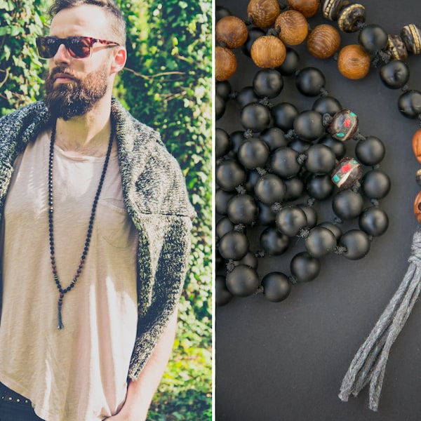 BONES AND SKULLS Mala long necklace with a nepalese carved incrusted bone // jujube wood skull / lava beads / Yoga Necklace