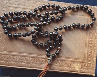 MAHAKALA MALA black tourmaline necklace with a carved bone SKULL  pendant with tassel  108 bead mala Yoga Necklace