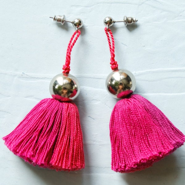 ANTIGUA earrings Radiant Pink Cotton / Pink tassel earrings by Nomad Accessories
