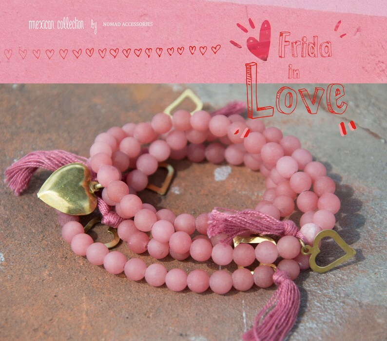 ALEGRIA pink Matte Jade stretch Mala Beads Jade and Brass necklace Mexican Cotton in Strawberry Ice Heart charms Hearts pendants