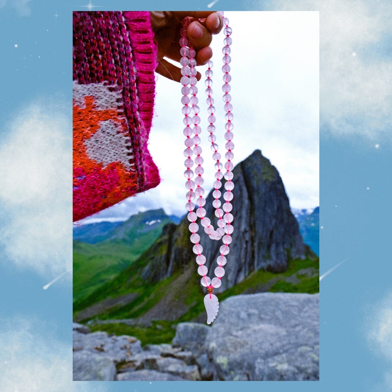 FREE SPIRIT Mala // Rose Quartz mala long necklace // quartz WING pendant / rose quartz / wing charm imagem 6