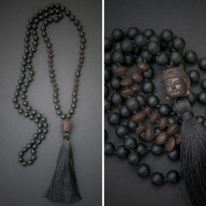 BUDDHA MALA long necklace with a carved wooden Buddha pendant, silky tassel gemstone necklace, Buddhist mala rosary