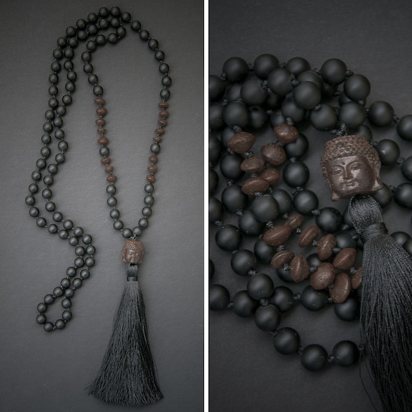 BUDDHA MALA long necklace with a carved wooden Buddha // BUDDHA pendant / silky tassel / lava beads // Buddhist mala rosary