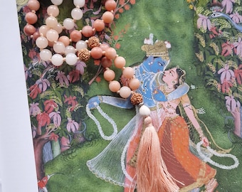 RADHA MALA long necklace Pink Aventurine beads Vaijayanti and Rudraksha guru Pure Silk tassel 108 bead mala Yoga Necklace peach crush