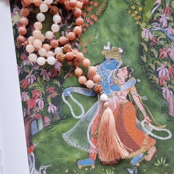 RADHA MALA long necklace Pink Aventurine beads Vaijayanti and Rudraksha guru Pure Silk tassel 108 bead mala Yoga Necklace peach crush