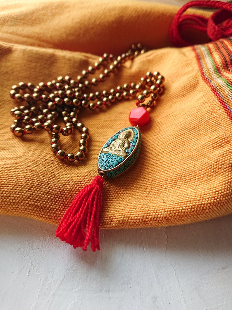 BUDDHA BEADS long necklace // 200 Gold Hematite Beads // Tibetan Buddha pendant / coral and turquoise stone image 5