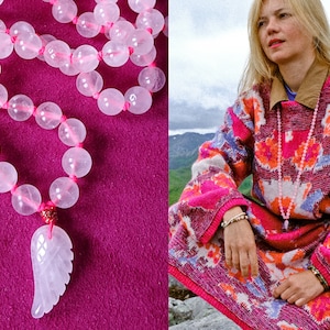 FREE SPIRIT Mala // Rose Quartz mala long necklace // quartz WING pendant / rose quartz / wing charm zdjęcie 1