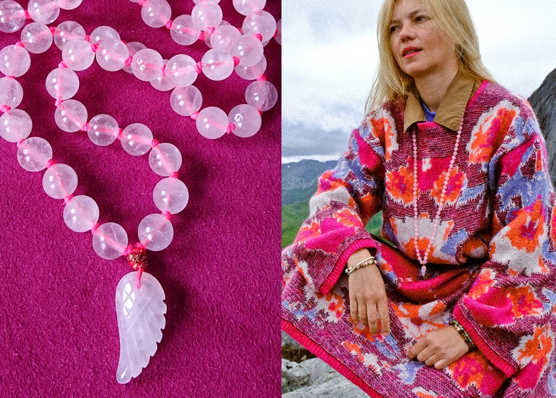 FREE SPIRIT Mala // Rose Quartz mala long necklace // quartz WING pendant / rose quartz / wing charm zdjęcie 1