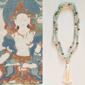 WHITE TARA MALA long jade necklace Lotus seed Silk tassel Myanmar Jade in sage green Yoga Necklace Yoga Mala imagen 1