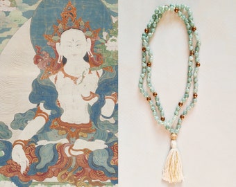 WHITE TARA MALA long jade necklace Lotus seed Silk tassel Myanmar Jade in sage green Yoga Necklace Yoga Mala