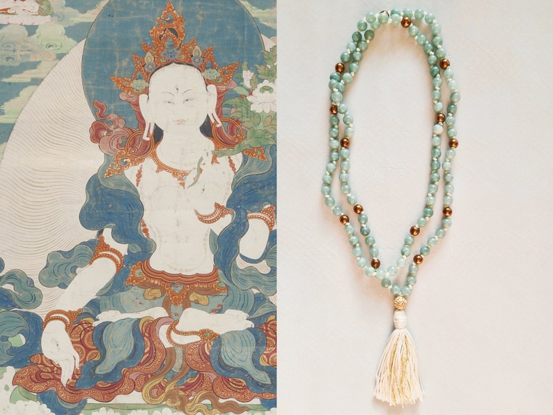 WHITE TARA MALA long jade necklace Lotus seed Silk tassel Myanmar Jade in sage green Yoga Necklace Yoga Mala imagen 1