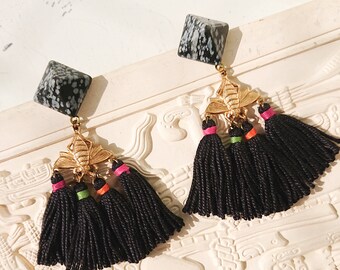 PALENQUE earrings Gold Brass and Silk / PYRAMID shape OBSIDIAN stone Studs / bumble bee and tassels