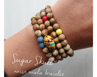 SUGAR SKULL stretch wrist Mala Beads / Jasper and Ceramic Skull necklace / 108 bead wrist mala Stretch Bracelet and Necklace