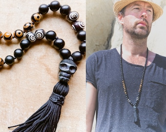 DURGA MALA long necklace with a carved bone SKULL Yak Bone 3rd Eye Chakra Symbol skull pendant with tassel 108 bead mala Yoga Necklace