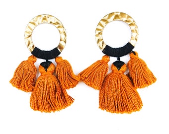 CABAN earrings Brass and Guatamalan embroidery thread Cinnamon & Black