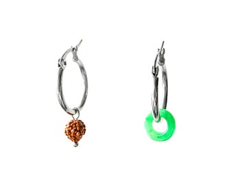 GREEN TARA mismatched Stainless Steel Rudraksha and Jade Hoops / Yogini Rudraksha earrings / Rudraksha Hoops Earrings