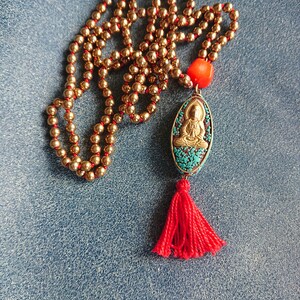 BUDDHA BEADS long necklace // 200 Gold Hematite Beads // Tibetan Buddha pendant / coral and turquoise stone image 2