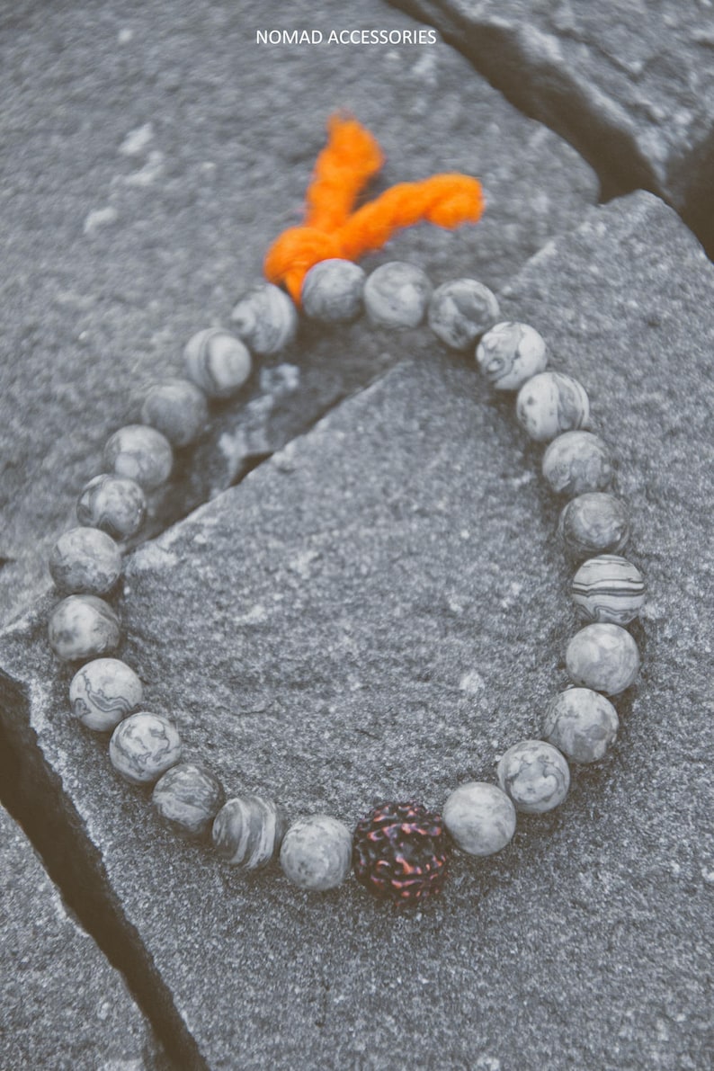 AGHORI bracelet / ash jasper and rudraksha / matte jasper stone / wool tassel / stretch bracelet zdjęcie 3