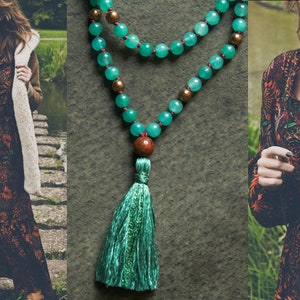 GREEN TARA MALA long jade necklace Bodhi seed Silk tassel Jade in sea green Yoga Necklace Yoga Mala image 2