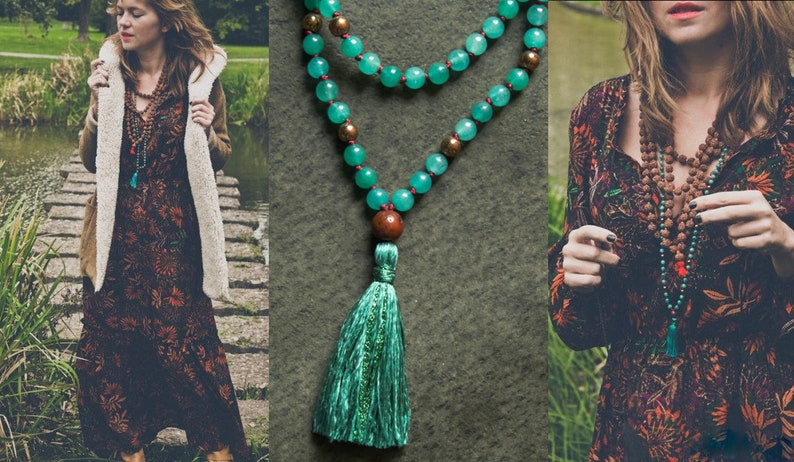 GREEN TARA MALA long jade necklace Bodhi seed Silk tassel Jade in sea green Yoga Necklace Yoga Mala image 2