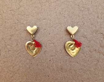 I AM LOVE bohemian earrings Gold Brass and Mexican Red Cotton / Heart Studs / Frida in love by Nomad Accessories