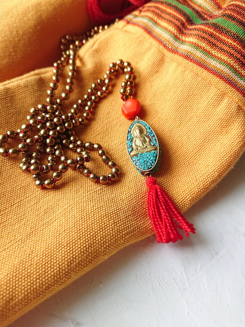 BUDDHA BEADS long necklace // 200 Gold Hematite Beads // Tibetan Buddha pendant / coral and turquoise stone image 6