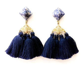 TIKAL earrings Gold Brass and Cotton / PYRAMID shape SODALITE stone Studs / bumblebee and tassels