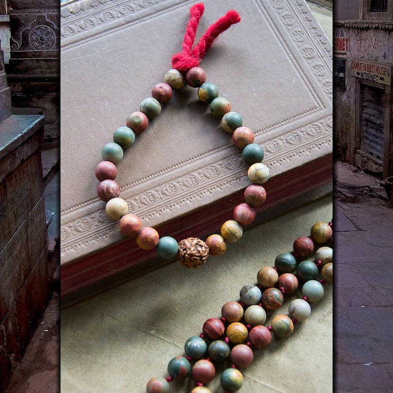 VARANASI bracelet / jasper and rudraksha / multicolored matte jasper stone / wool tassel / stretch bracelet image 2