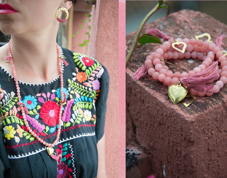 ALEGRIA pink Matte Jade stretch Mala Beads Jade and Brass necklace Mexican Cotton in Strawberry Ice Heart charms Hearts pendants