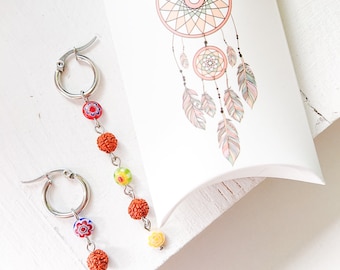 OSIAN EARRINGS Stainless Steel hoops with Rudraksha and Colorful Millefiori Glass / Yogini Rudraksha earrings / Rudraksha Hoops Earrings