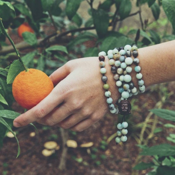 AMAZONITE BUDDHA MALA long necklace with a carved wooden Buddha // Buddha pendant / Buddhist mala / Yoga Necklace