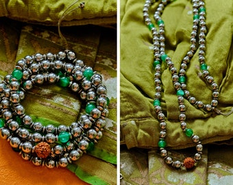 RUDRAKSHA and JADE mala beads / Yogini green Jade & Rudraksha spiritual power necklace / 108 bead Yoga Necklace