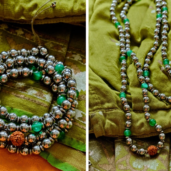RUDRAKSHA and JADE mala beads / Yogini green Jade & Rudraksha spiritual power necklace / 108 bead Yoga Necklace