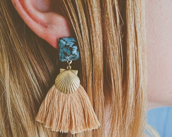 MERMAID earrings Gold Brass and Cotton / PYRAMID shape OBSIDIAN stone Studs / seashell earrings by Nomad Accessories