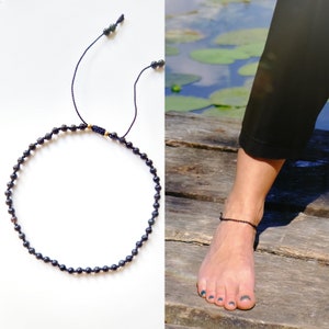 BOHEMIA Obsidian ANKLET tiny Obsidian stone and SILK / pull-tie closure / Yogini anklet / adjustable Yoga Ankle Bracelet / Silk