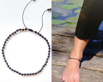 BOHEMIA Obsidian ANKLET tiny Obsidian stone and SILK / pull-tie closure / Yogini anklet / adjustable Yoga Ankle Bracelet / Silk
