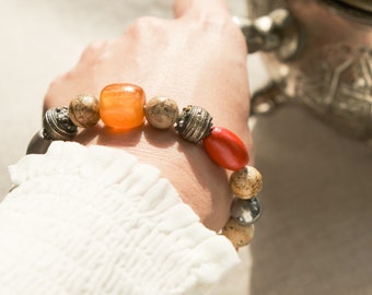 VINTAGE MOROCCAN beads / leather bracelet / vintage beads, Jasper, hematite, Wood, Antique Metal from Morocco