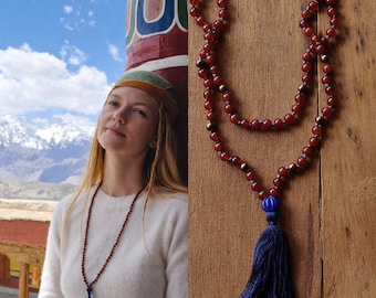 Himalayan Red Lotus Mala Necklace — Carnelian 108 Beads — Hand-Knotted Red&Blue Spiritual Jewelry