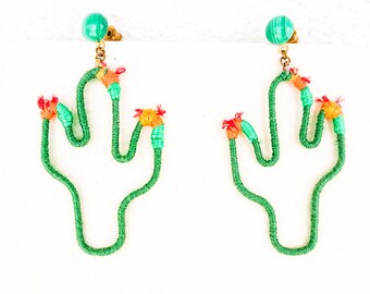 OPUNTIA Cacti earrings / natural MALACHITE stone Studs / cactus shape wool and thread earrings for cacti lovers :)