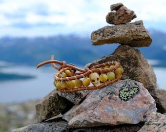 MAHAKALA Leather & TIGER EYE Quartz Bracelet / Bone Skull lethaer bracelet