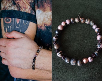 unisex AYURVEDA bracelet  / Black Lace Rhodonite / unplated COPPER / Volcanic Lava / Bodhi seeds / stretch bracelet