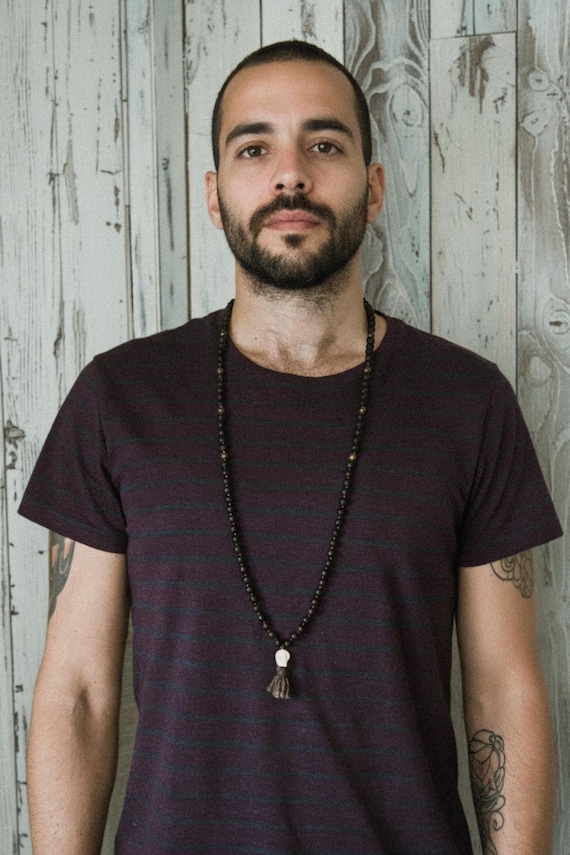Black Kali Mala Necklace • Carved Bone Skull • Lava & Bronzite 108 Beads • Yak Wool • Meditation
