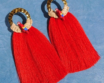 PARROT earrings Gold Brass and Fringe in Cherry Tomato / Hoops with Raffia / Caribbean Parrot tassel earrings